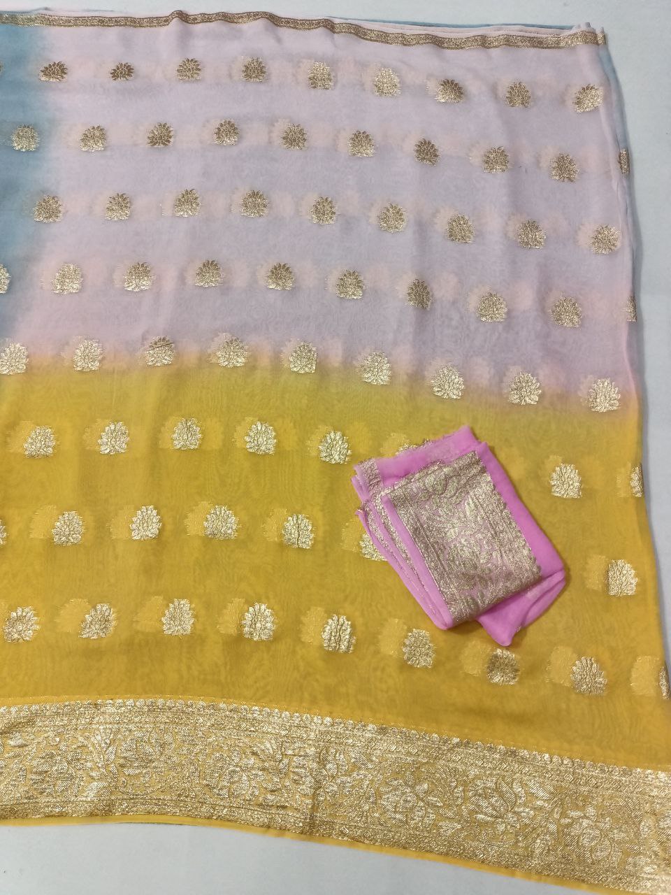 Pure Georgette Multi-Dyed Saree with Zari Weaving Border and Buta Design
