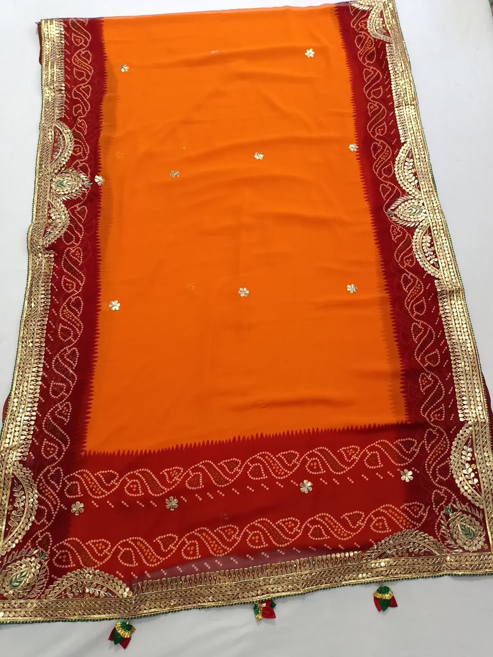 Pure Georgette Piliya Saree with Gotapatti Handwork, Green Bijiya Border & Tussel Pallu for Weddings