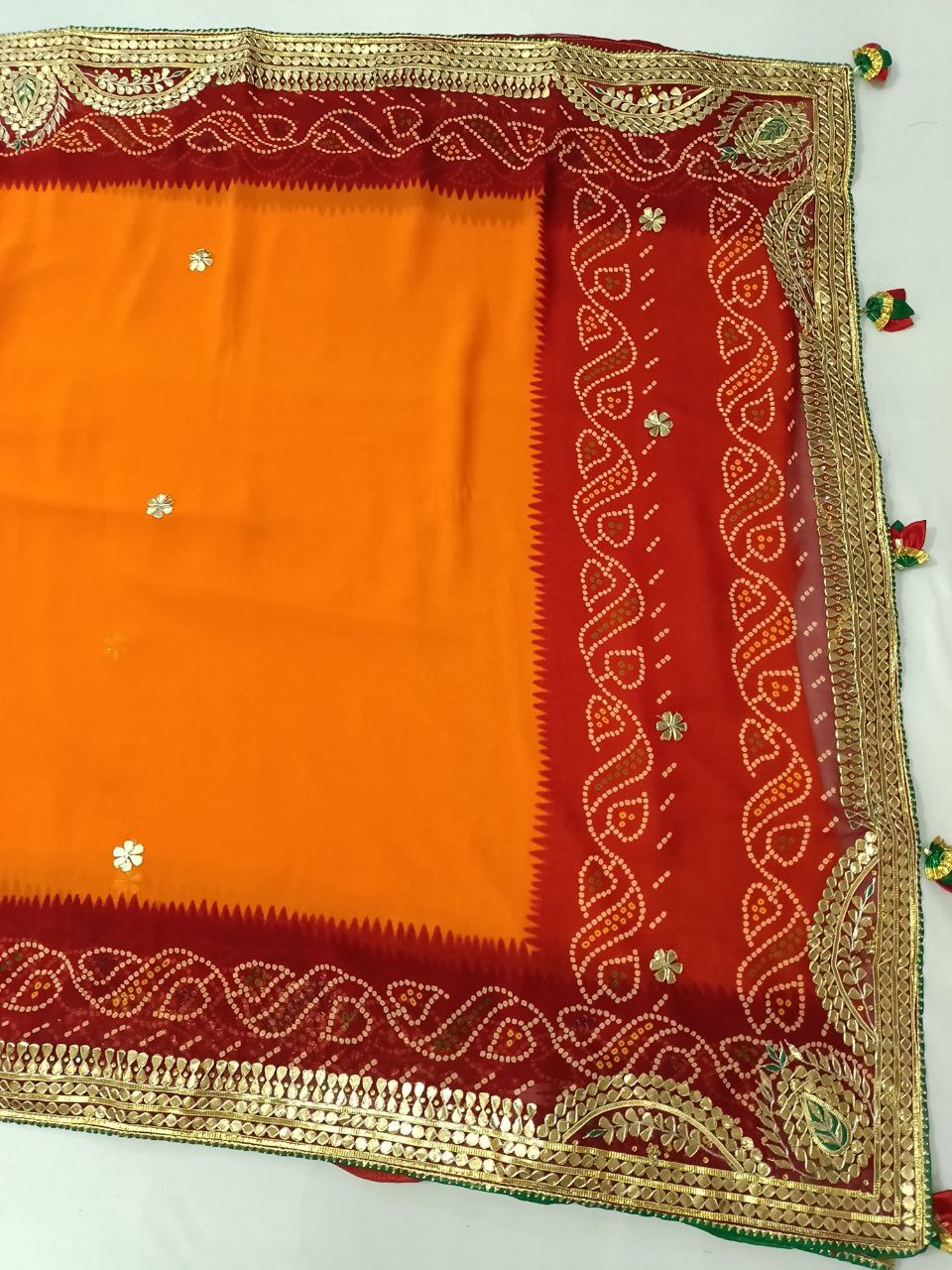 Pure Georgette Piliya Saree with Gotapatti Handwork, Green Bijiya Border & Tussel Pallu for Weddings