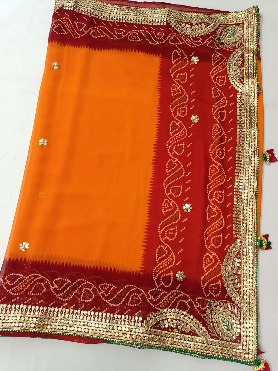 Pure Georgette Piliya Saree with Gotapatti Handwork, Green Bijiya Border & Tussel Pallu for Weddings