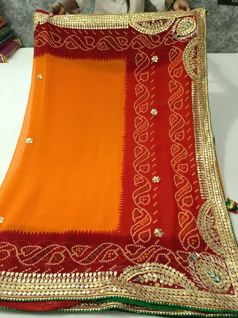 Pure Georgette Piliya Saree with Gotapatti Handwork, Green Bijiya Border & Tussel Pallu for Weddings