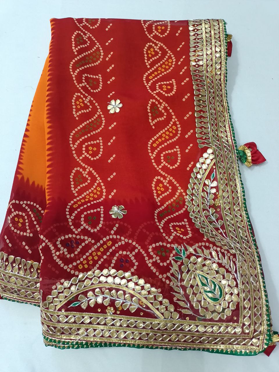 Pure Georgette Piliya Saree with Gotapatti Handwork, Green Bijiya Border & Tussel Pallu for Weddings