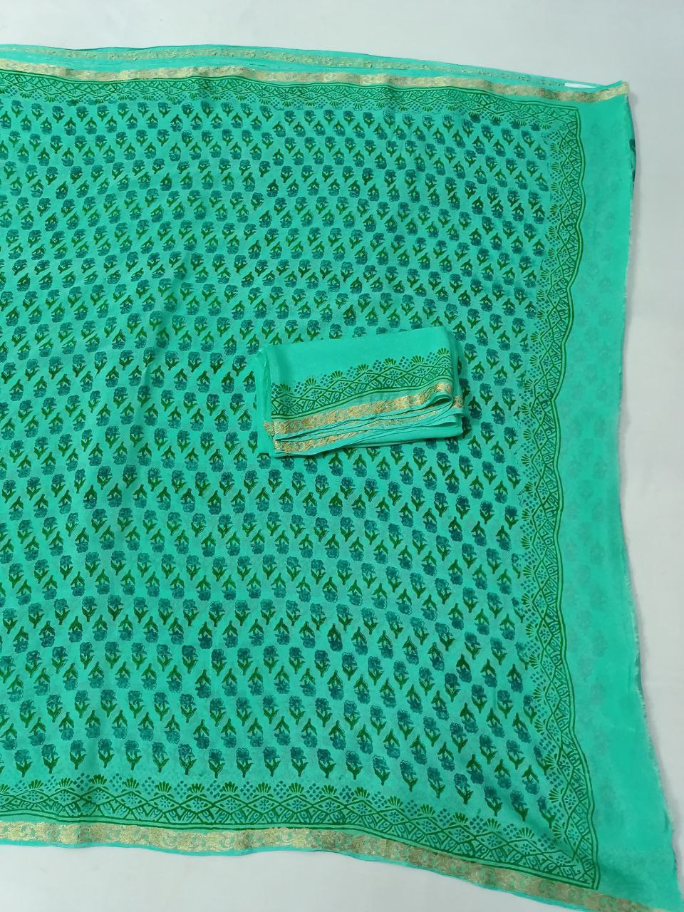 Pure Chinnon Block Print Saree with Small Zari Border and Matching Blouse – Elegant Indian Ethnic Wear - Kanhasarees by ksds