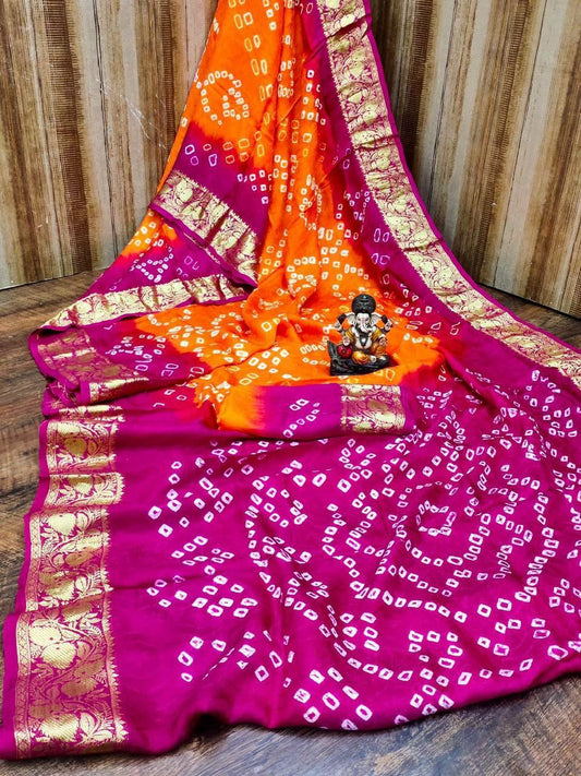 Traditional Bandhani Art Silk Saree with Zari Border - Handmade Bandhej - KANHASAREE