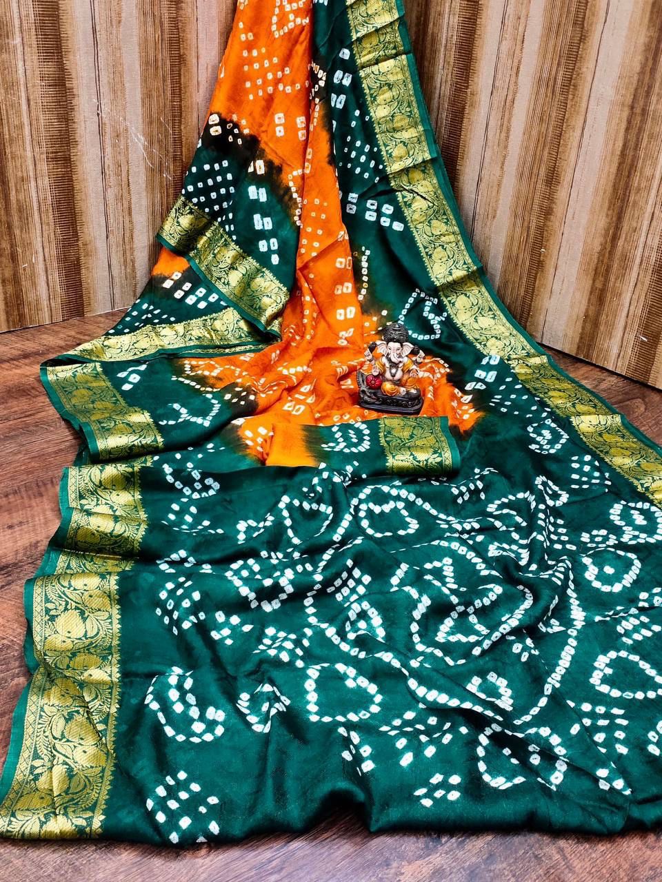 Traditional Bandhani Art Silk Saree with Zari Border - Handmade Bandhej - KANHASAREE