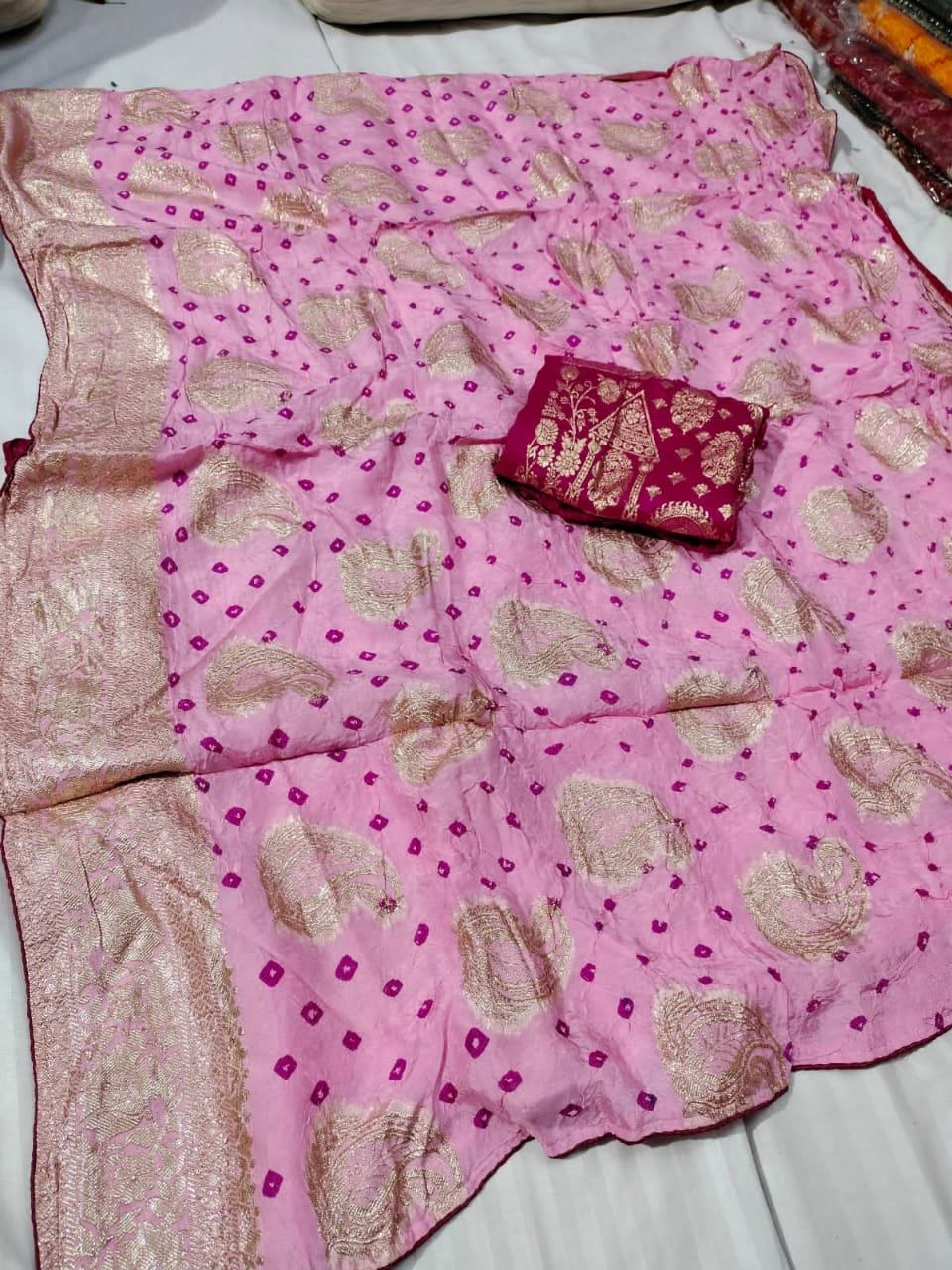 Dola Silk Jaipuri Bandhani Saree Zari Border for Weddings & Festivals