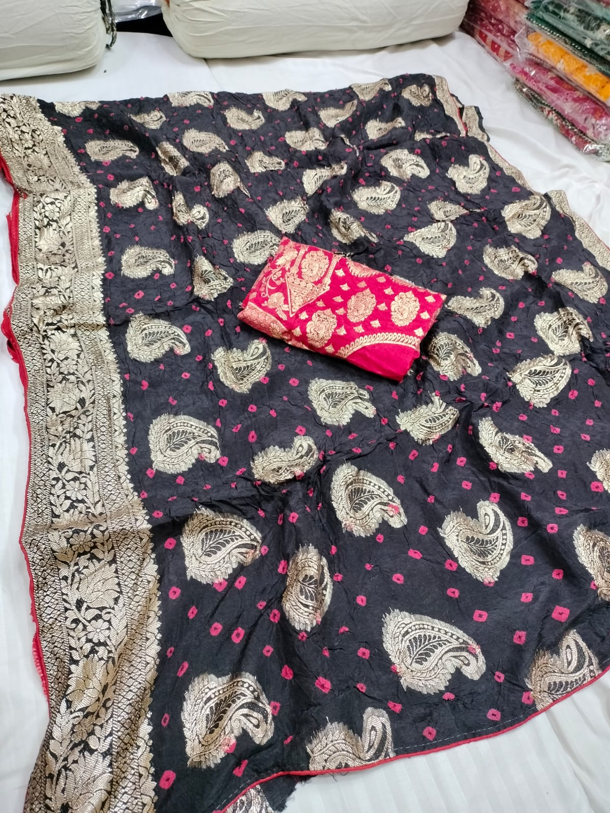 Dola Silk Jaipuri Bandhani Saree Zari Border for Weddings & Festivals