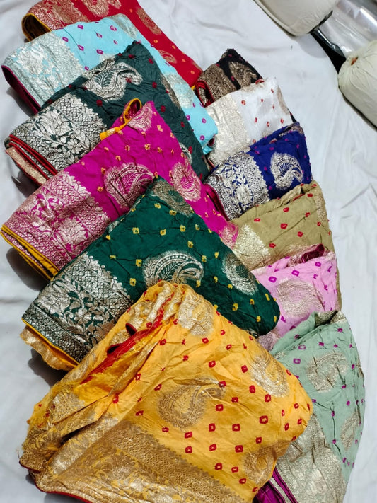 Dola Silk Jaipuri Bandhani Saree Zari Border for Weddings & Festivals