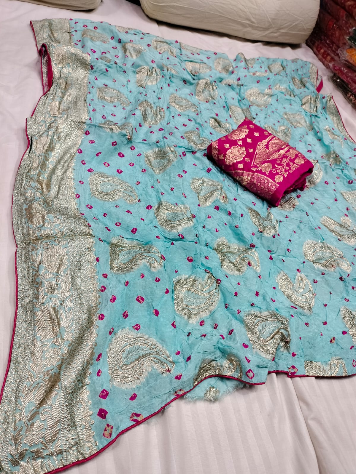 Dola Silk Jaipuri Bandhani Saree Zari Border for Weddings & Festivals