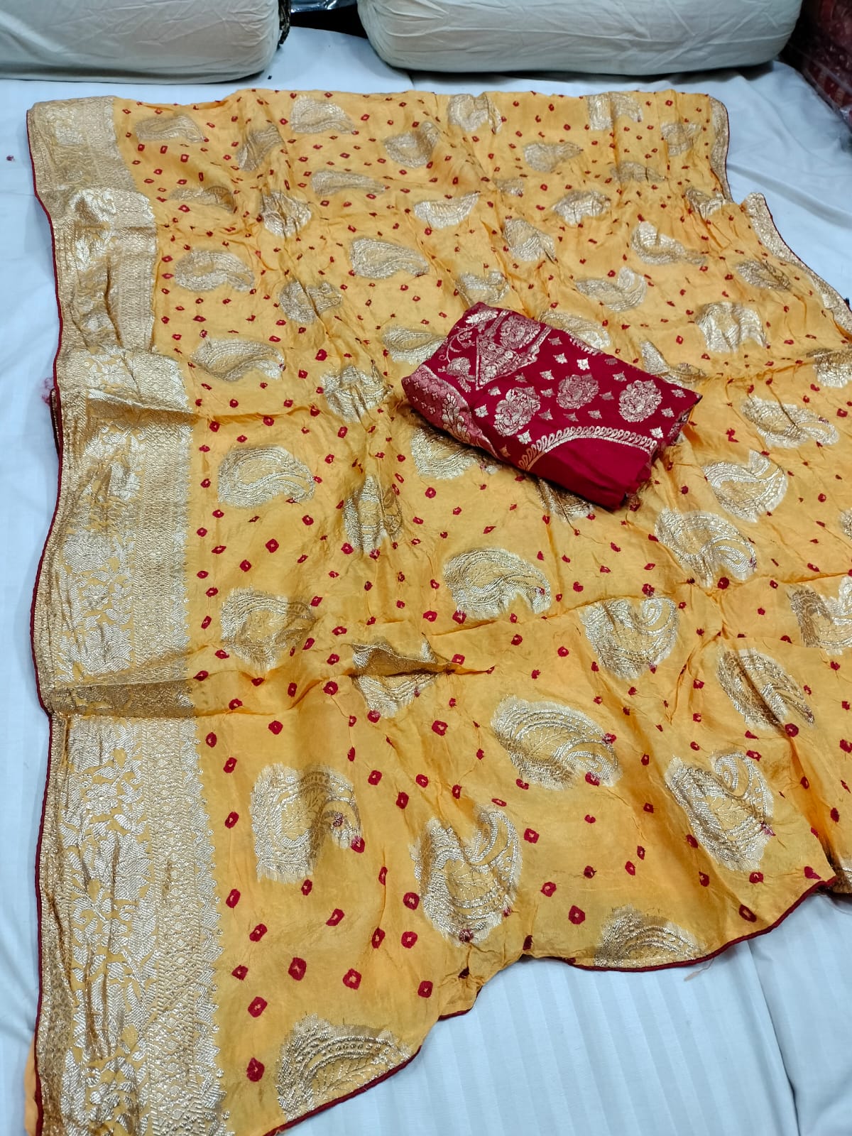 Dola Silk Jaipuri Bandhani Saree Zari Border for Weddings & Festivals