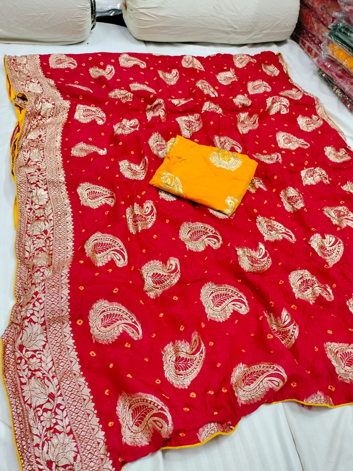 Dola Silk Jaipuri Bandhani Saree Zari Border for Weddings & Festivals
