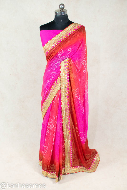 Marble Georgette Bandhani Print Saree with Rani Red Shading & Gota Work Border - Kanhasarees by ksds