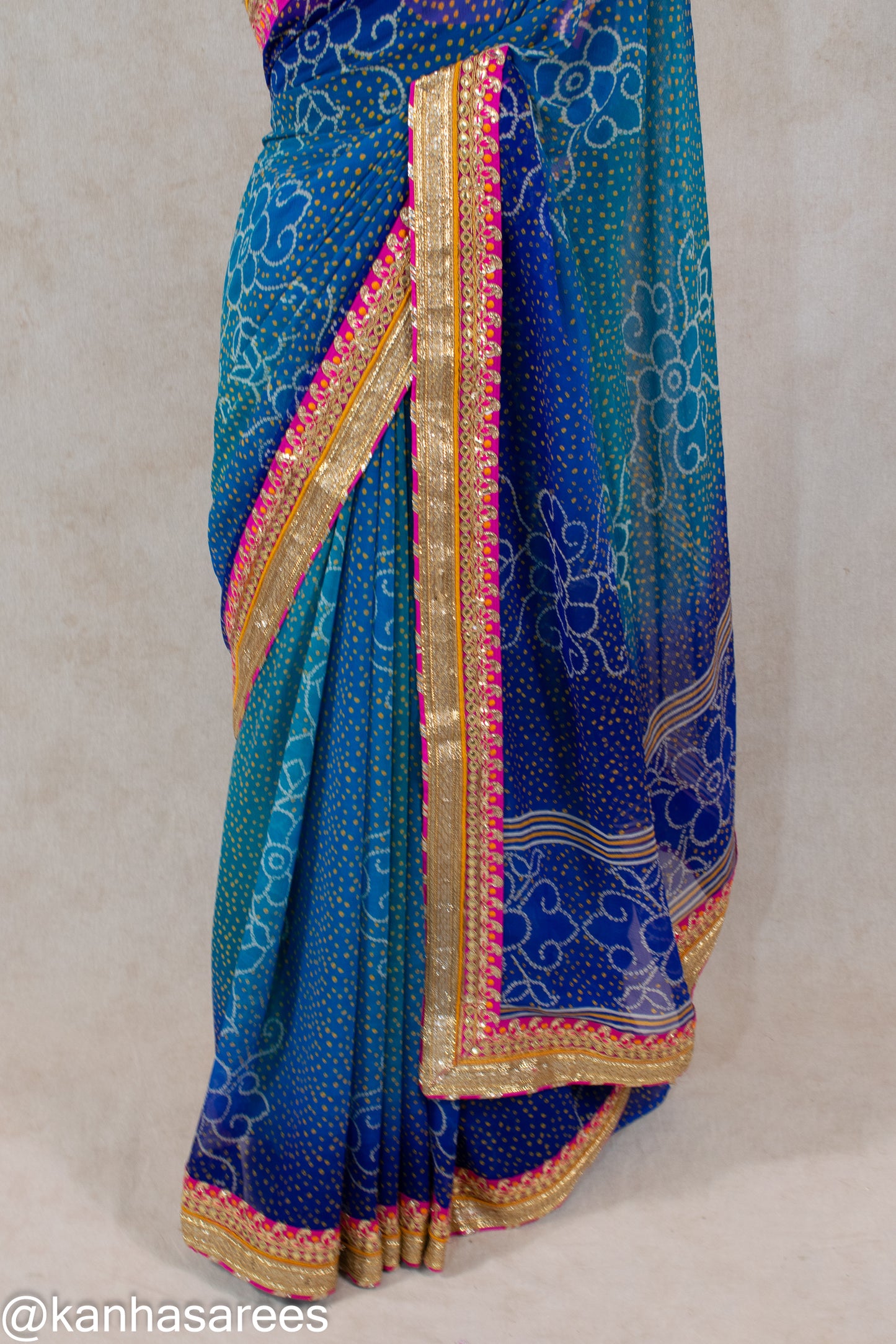 Blue Bandhani Georgette Saree with Contrast Pink Dhupion Silk Blouse & Gota Border