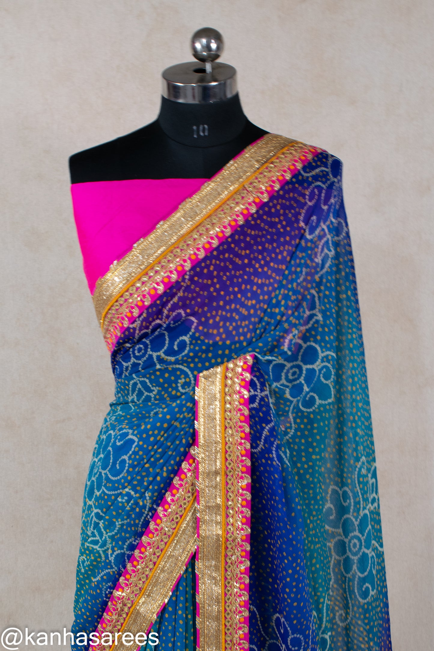 Blue Bandhani Georgette Saree with Contrast Pink Dhupion Silk Blouse & Gota Border