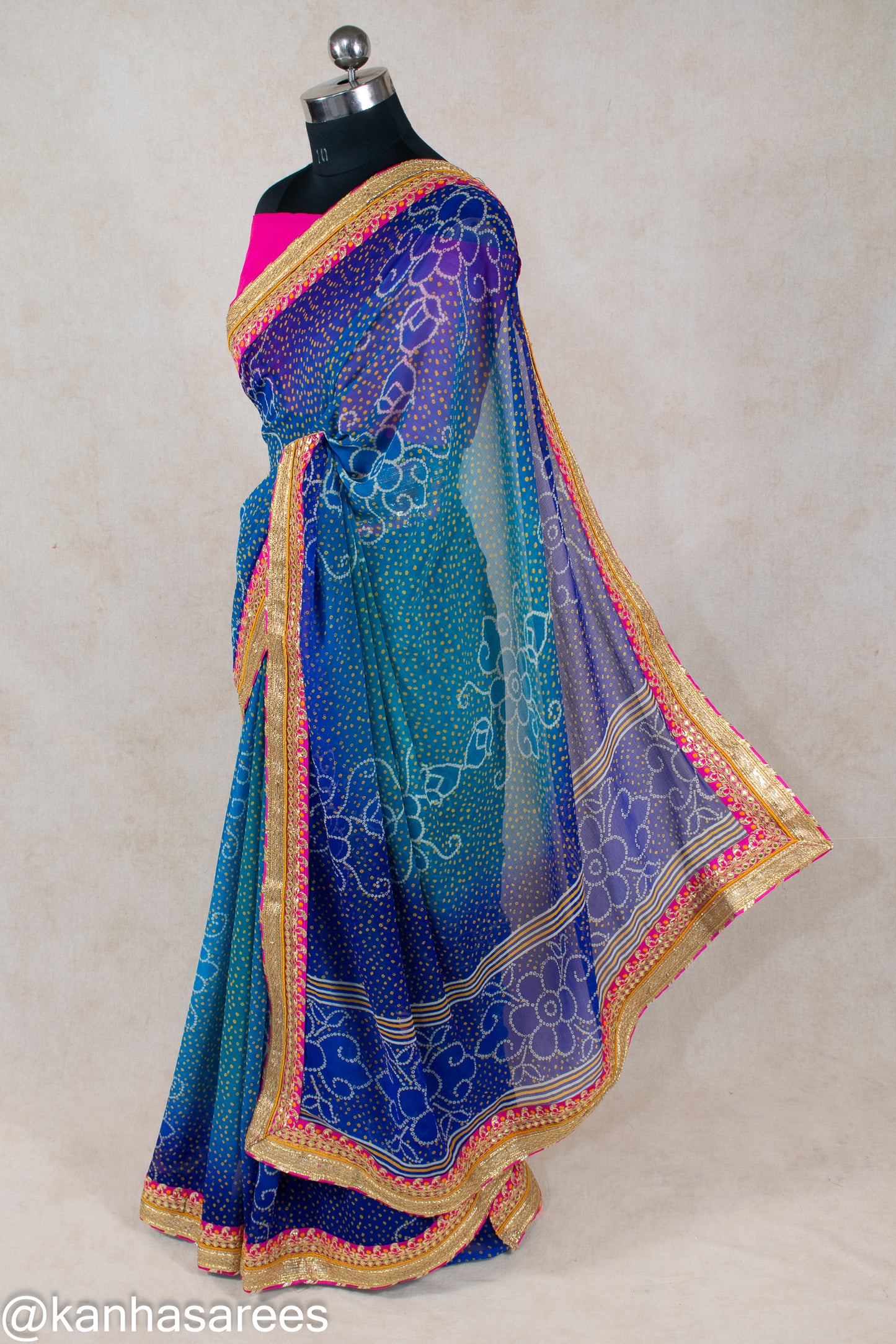 Blue Bandhani Georgette Saree with Contrast Pink Dhupion Silk Blouse & Gota Border