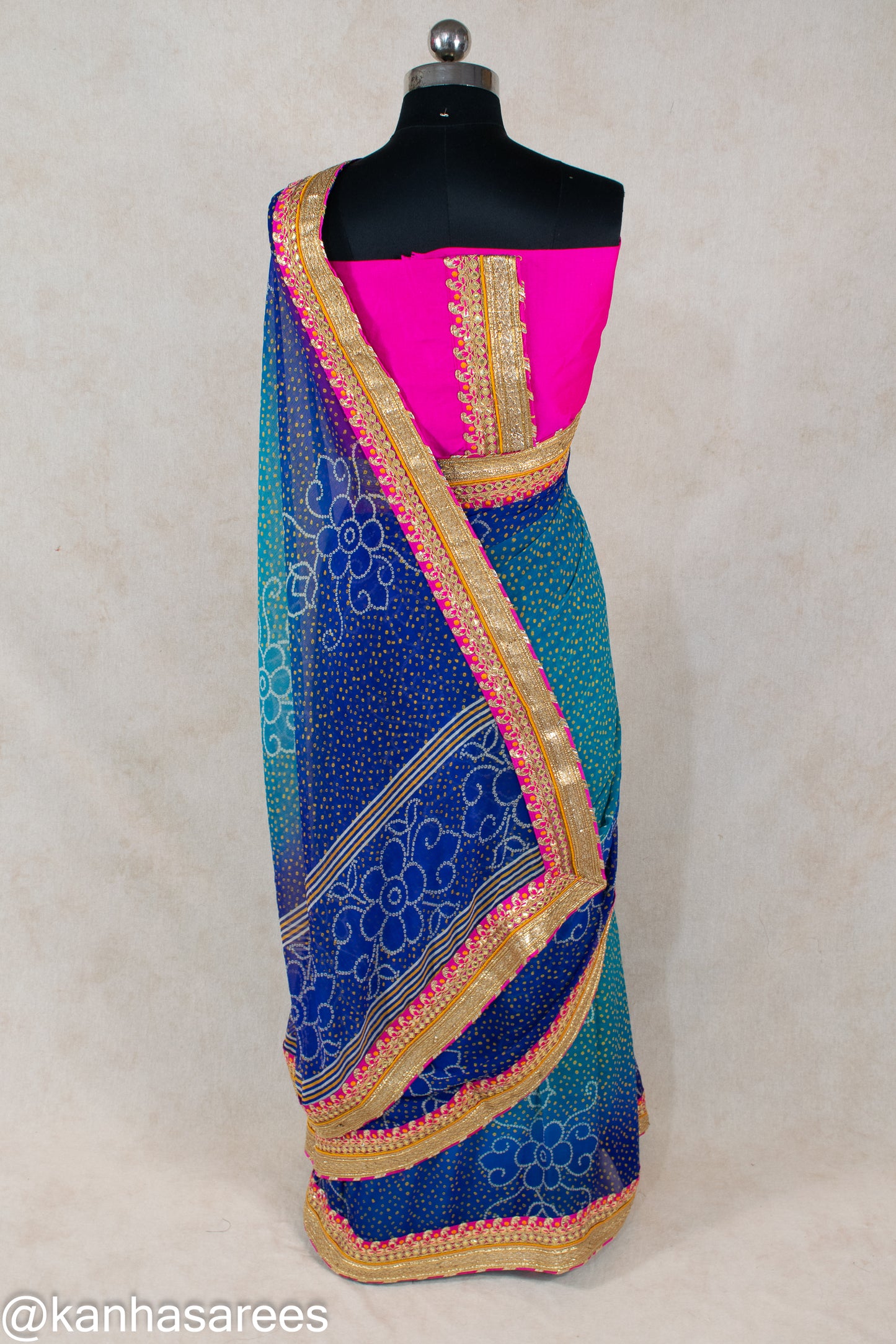 Blue Bandhani Georgette Saree with Contrast Pink Dhupion Silk Blouse & Gota Border