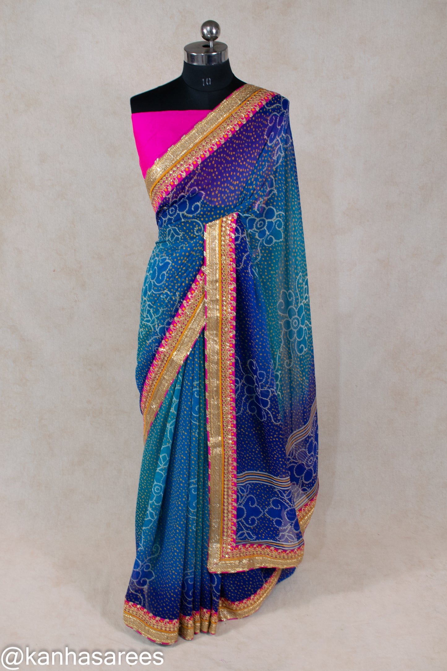 Blue Bandhani Georgette Saree with Contrast Pink Dhupion Silk Blouse & Gota Border