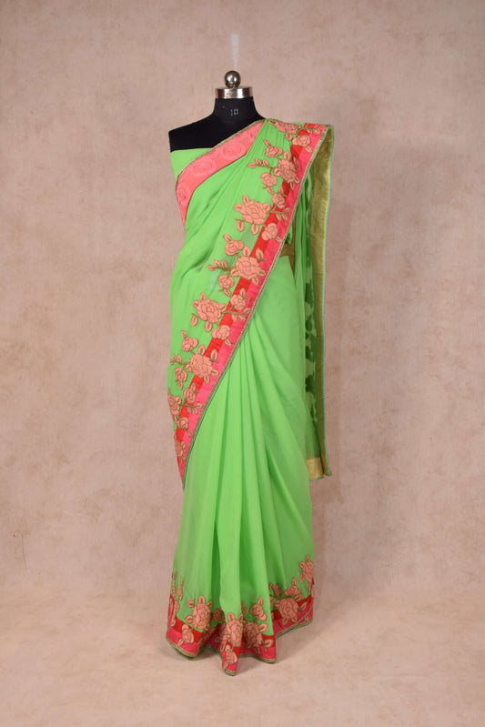 Pure Crepe Green Color Saree with Beautiful Flower Applique Work - KANHASAREE