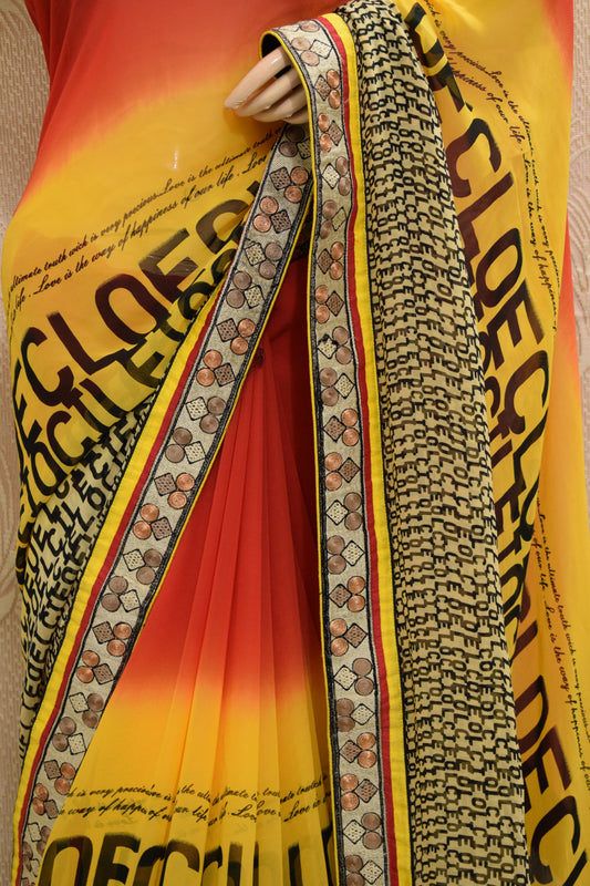 Pure Georgette Printed Saree | Alphabetical Print with Fancy Border | Designer Saree - Kanhasarees by ksds