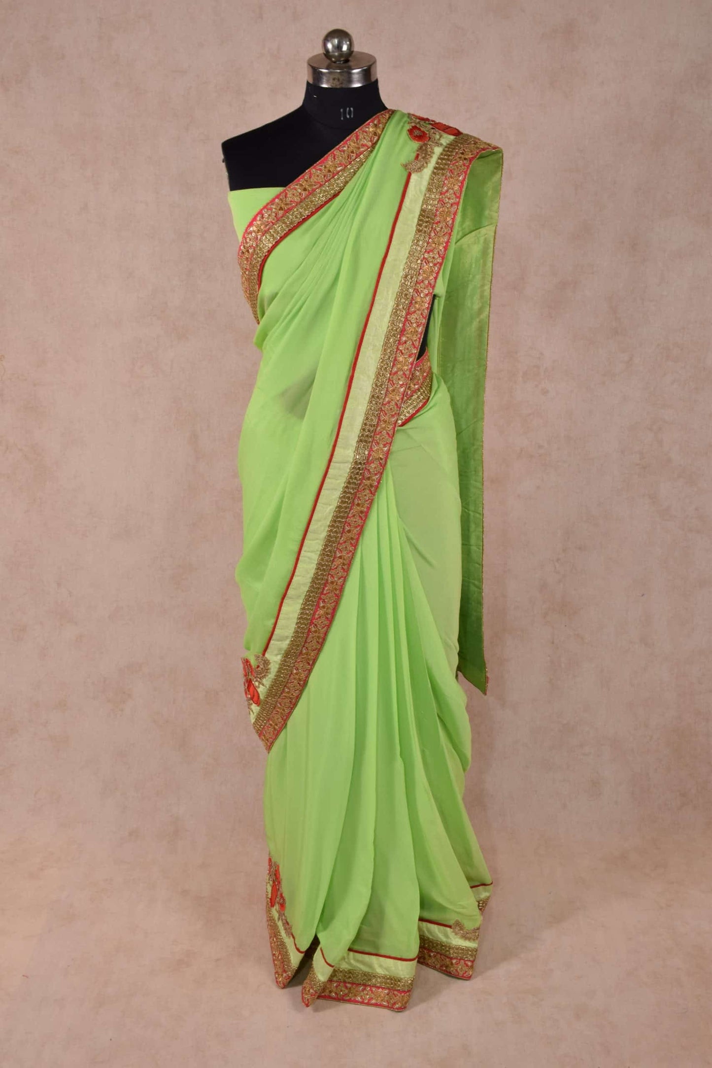 Beautiful Green Designer Saree with Zardozi and Kardhana Handwork border - KANHASAREE