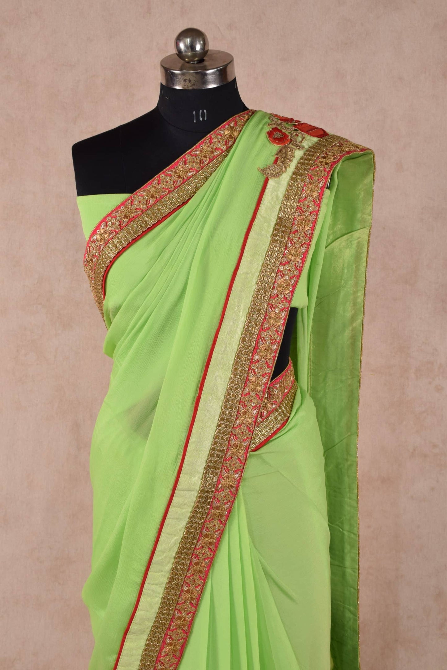 Beautiful Green Designer Saree with Zardozi and Kardhana Handwork border - KANHASAREE