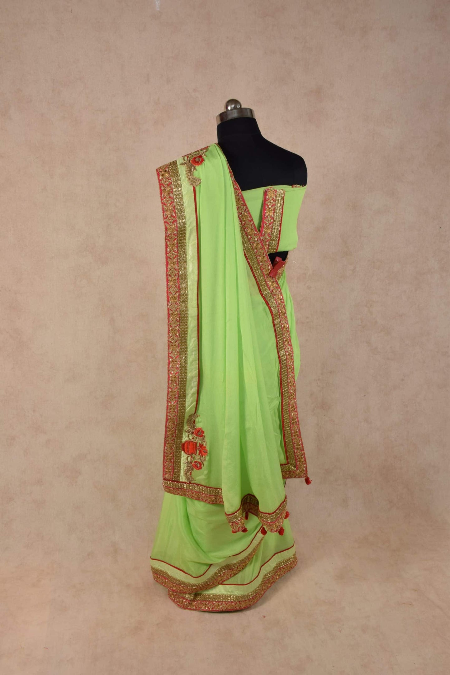 Beautiful Green Designer Saree with Zardozi and Kardhana Handwork border - KANHASAREE