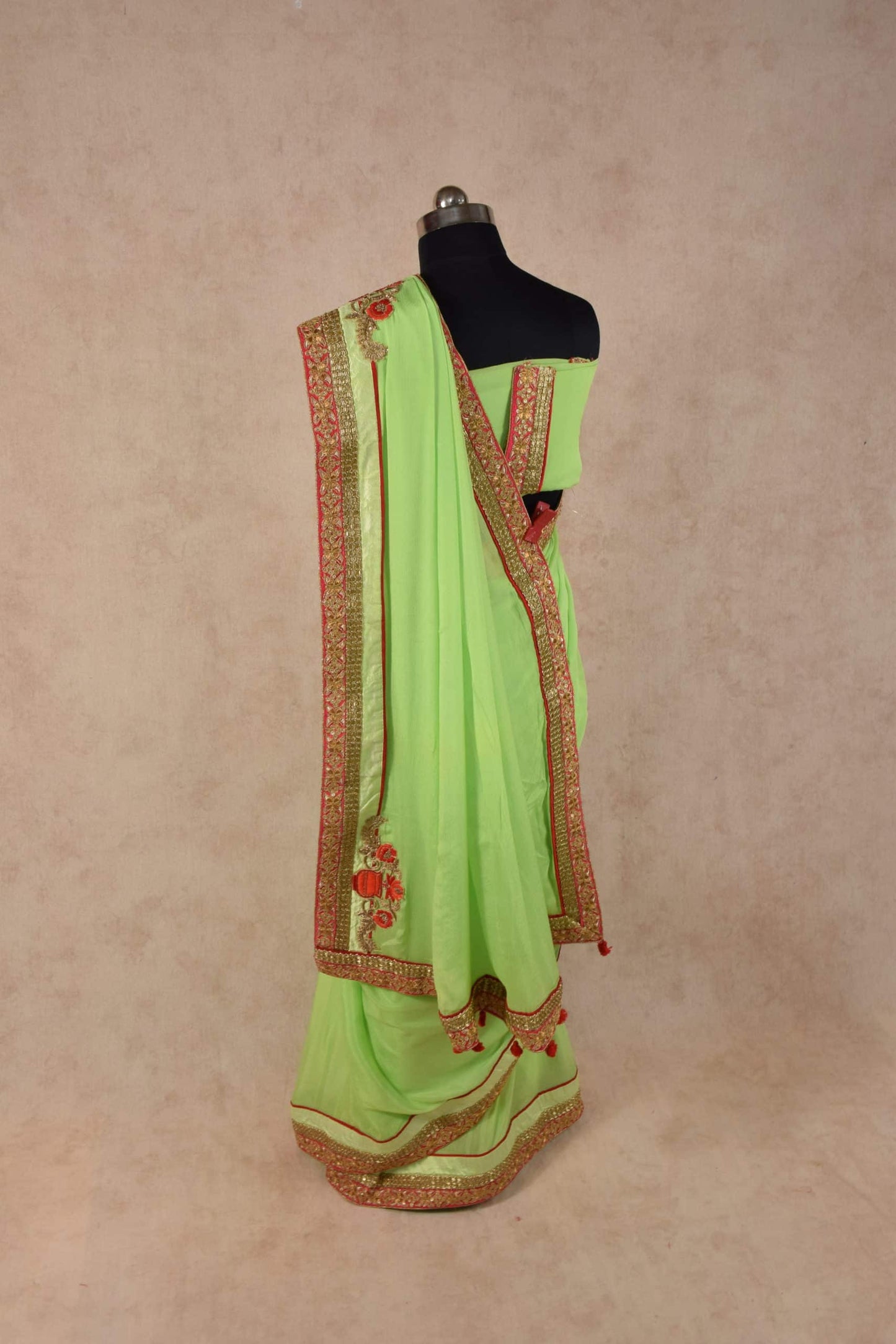 Beautiful Green Designer Saree with Zardozi and Kardhana Handwork border - KANHASAREE