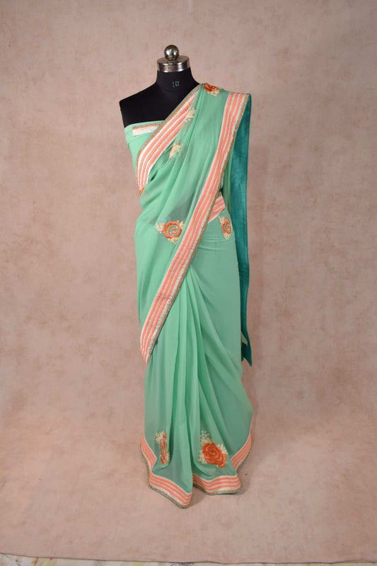 Pure Diamond Pista Green Chiffon Saree with Pink Zari Thread Border - KANHASAREE