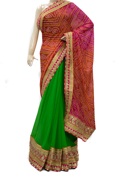 Red Green Half Half Bandhani Gota work Border - KANHASAREE