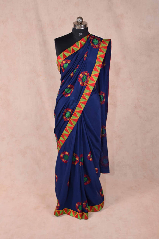Navy Blue Color Pure Crepe Saree with Pure Heavy Pearl Work - KANHASAREE