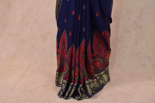 Navy Blue Color Kashmiri Embroidery Saree with banarasi border - Kanhasarees by ksds