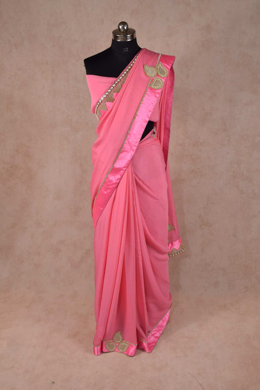 Pure crepe saree with heavy pure raw silk stone pearl work border - Kanhasarees by ksds
