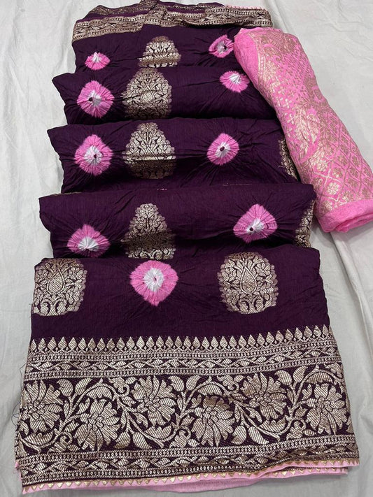 Dola Silk Saree with Bandhej Design & Zari Border for Weddings & Festivals