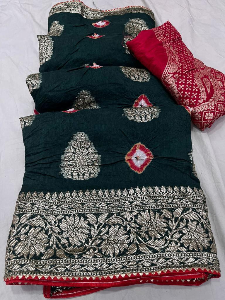 Dola Silk Saree with Bandhej Design & Zari Border for Weddings & Festivals