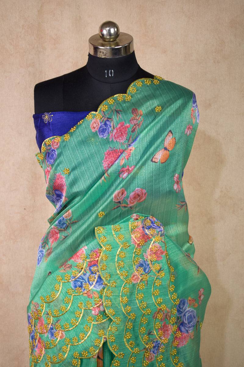 Designer organza saree with cutwork embroidery border - KANHASAREE
