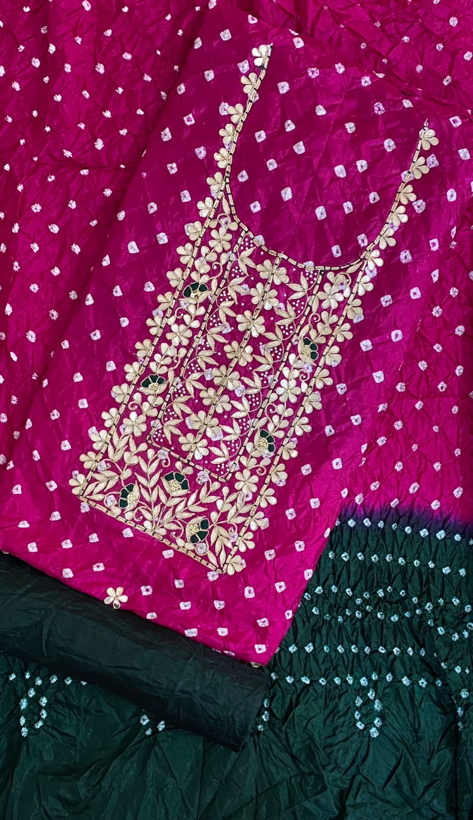 Heavy Silk Bandhej Suit with Gota Patti & Zardozi Work, Silk Dupatta & Bottom