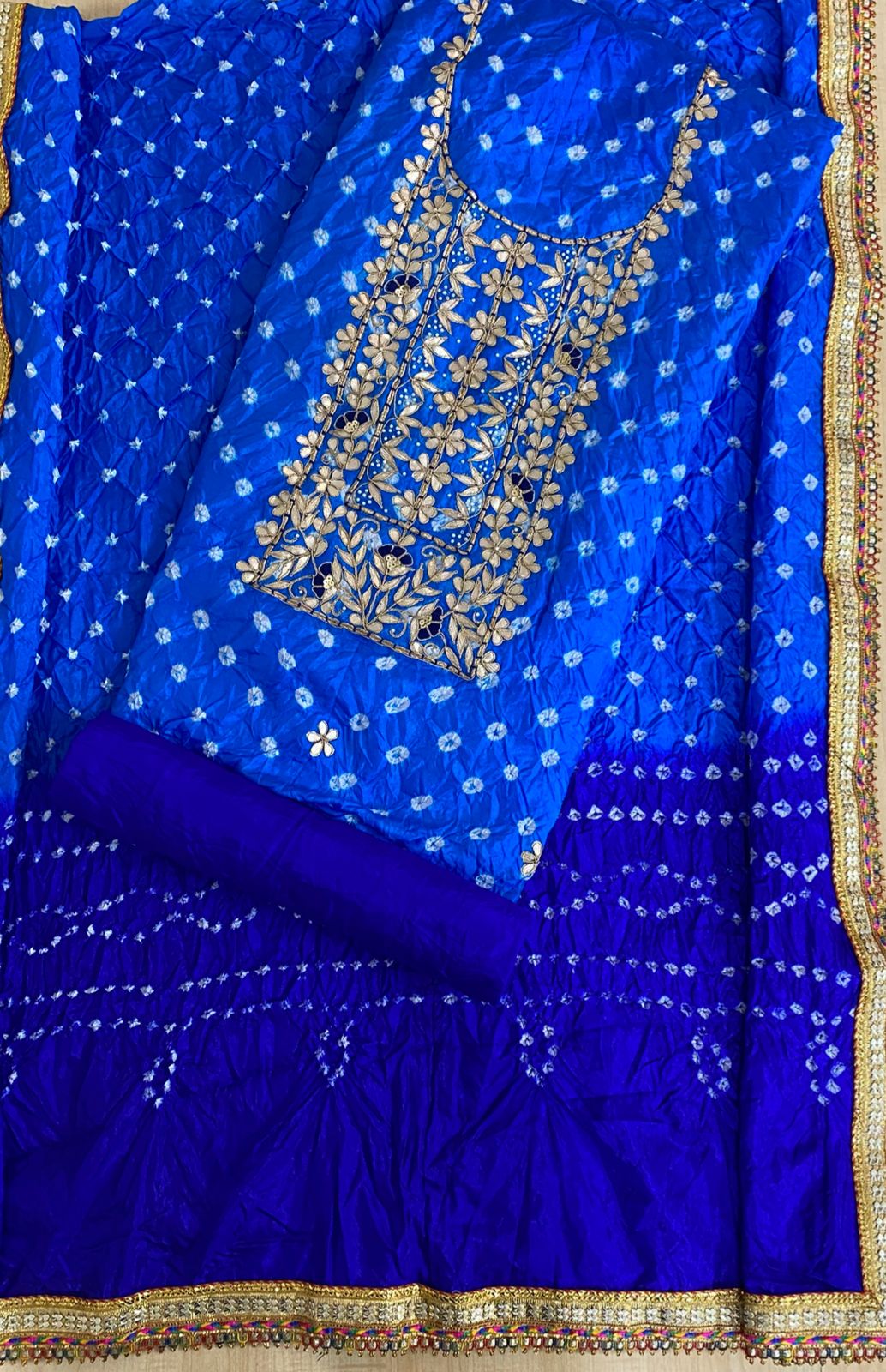 Heavy Silk Bandhej Suit with Gota Patti & Zardozi Work, Silk Dupatta & Bottom