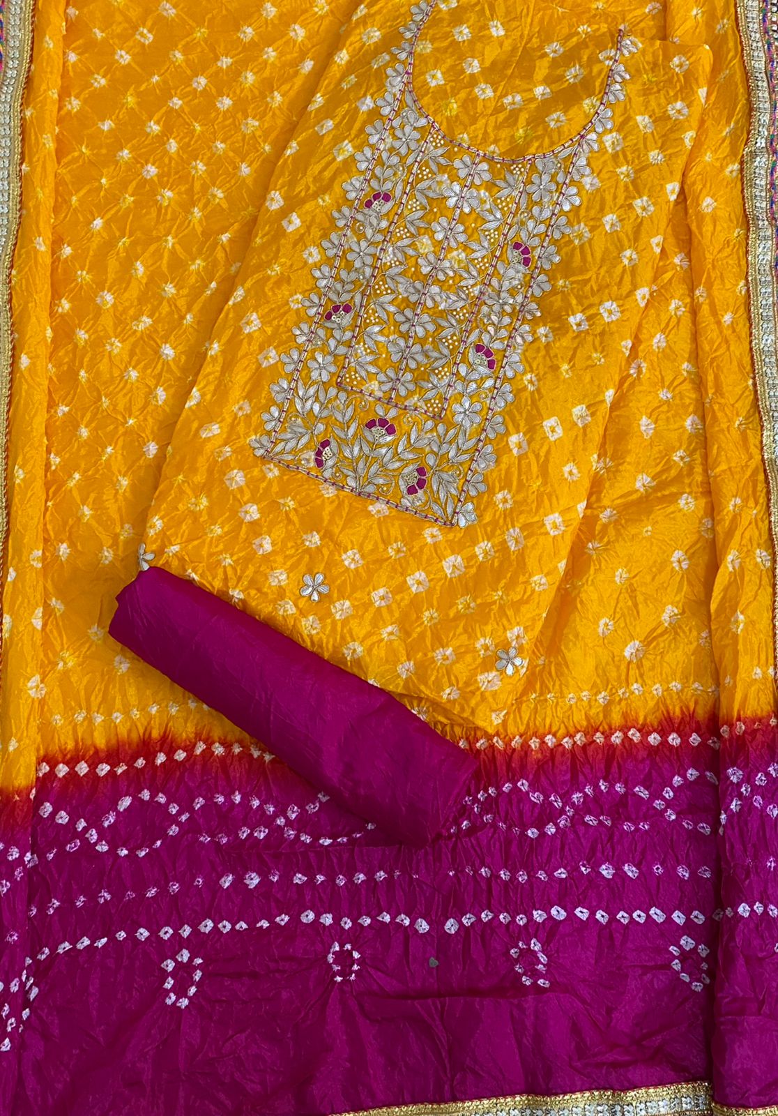 Heavy Silk Bandhej Suit with Gota Patti & Zardozi Work, Silk Dupatta & Bottom