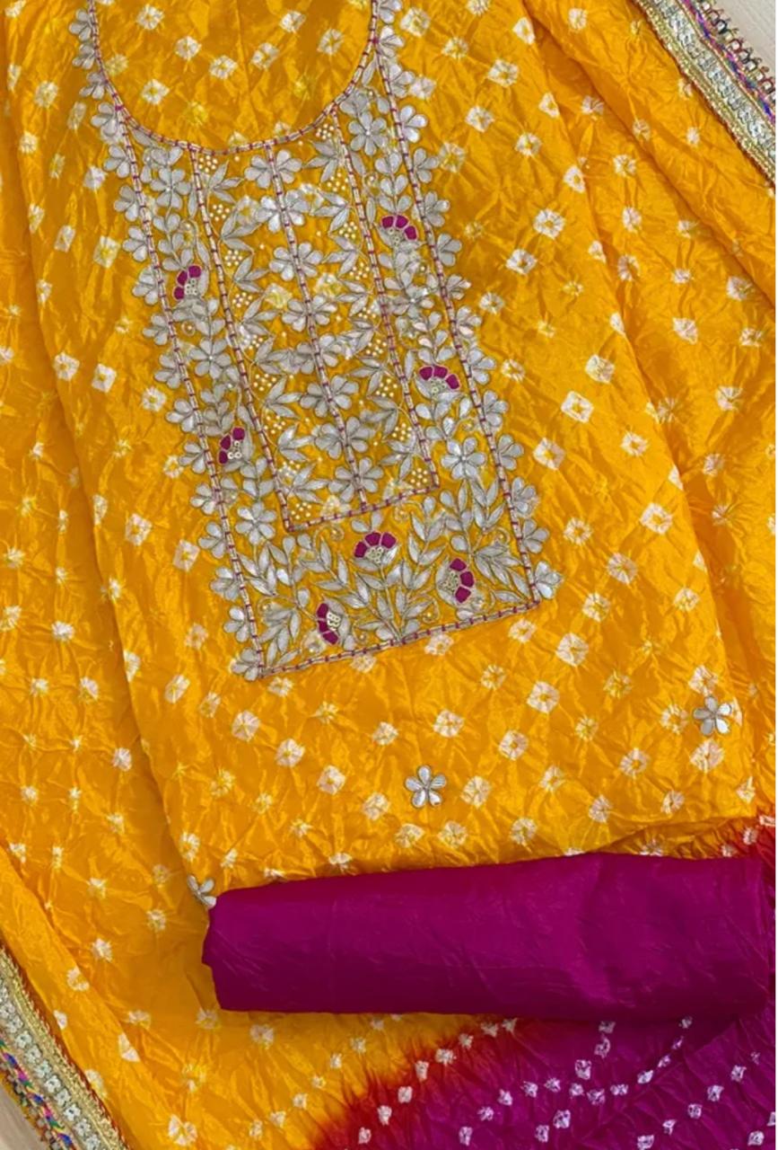 Heavy Silk Bandhej Suit with Gota Patti & Zardozi Work, Silk Dupatta & Bottom