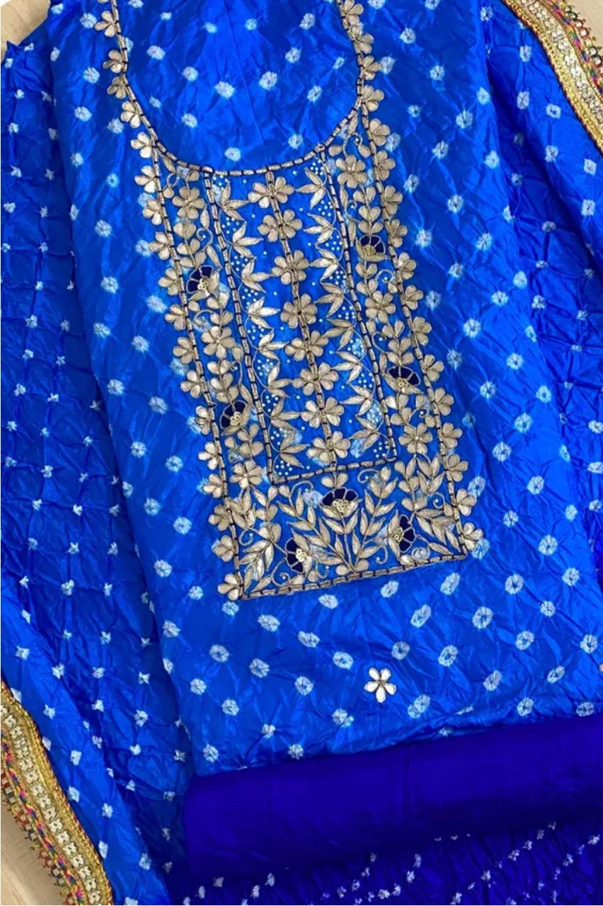Heavy Silk Bandhej Suit with Gota Patti & Zardozi Work, Silk Dupatta & Bottom