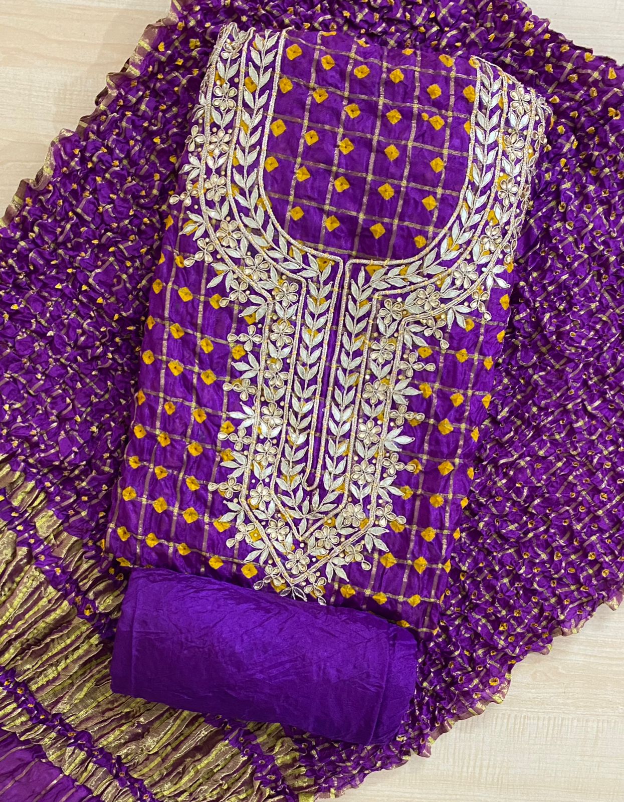 Bandhej Ghadchola Silk Suit with Gota Patti Work, Dupatta & Matching Silk Bottom