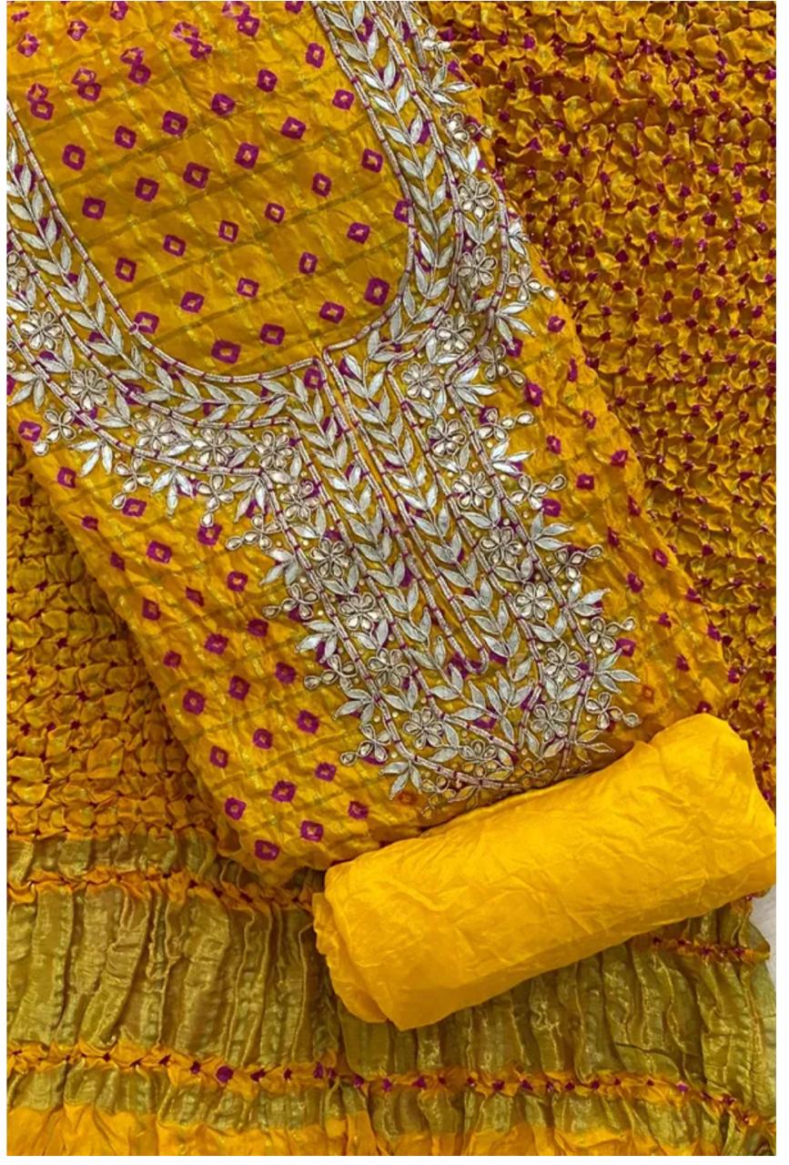 Bandhej Ghadchola Silk Suit with Gota Patti Work, Dupatta & Matching Silk Bottom