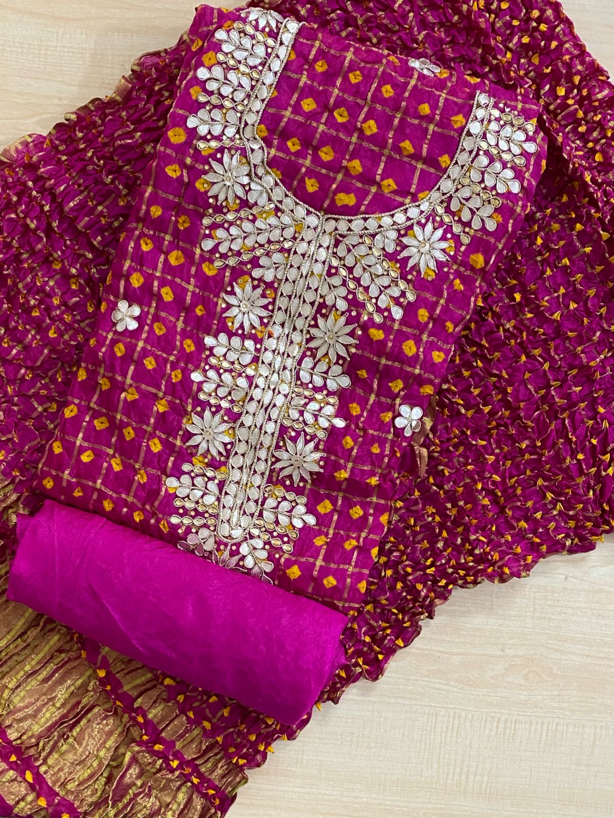 Bandhej Ghadchola Silk Suit with Gota Patti Work, Dupatta & Matching Silk Bottom