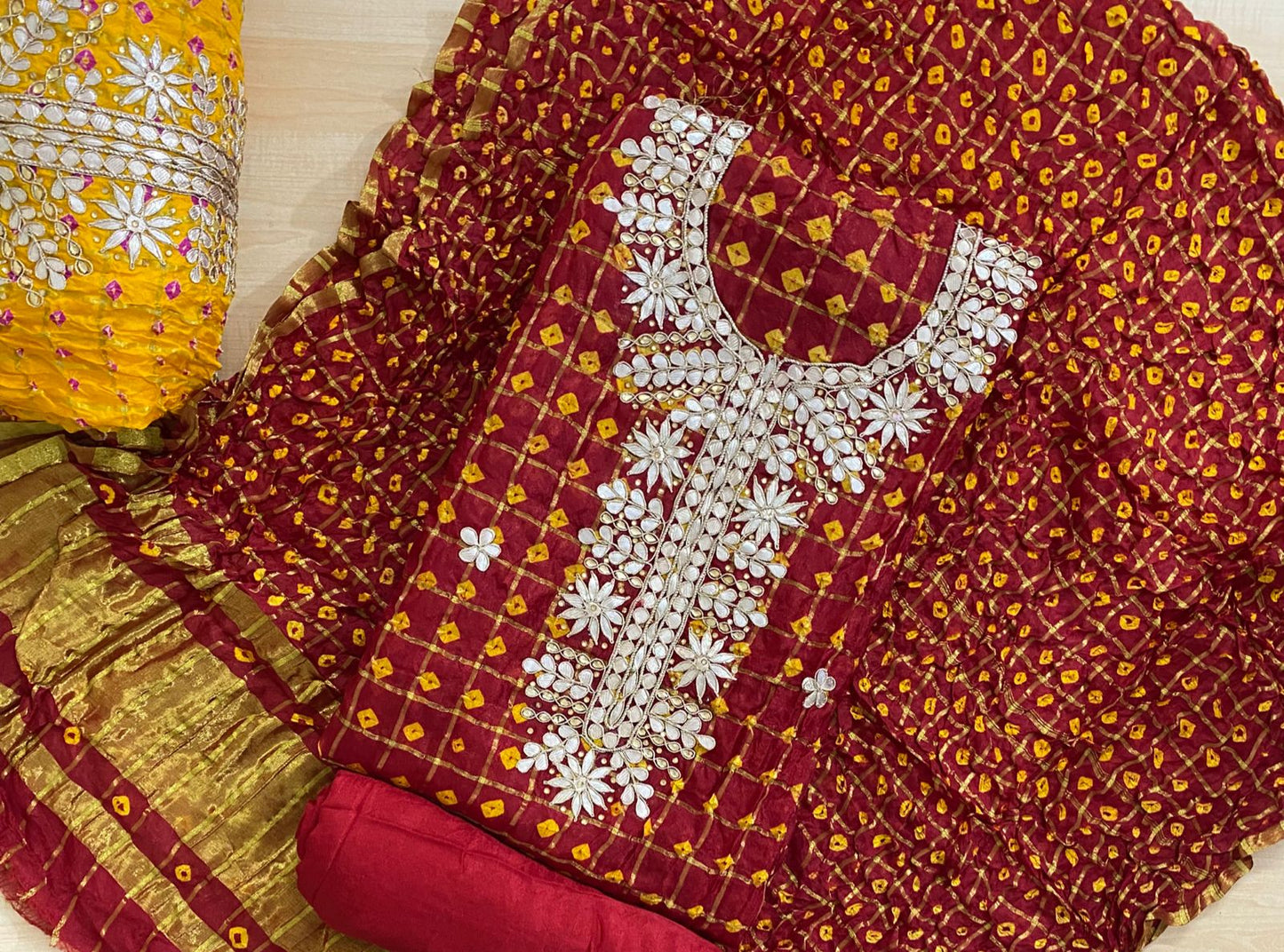 Bandhej Ghadchola Silk Suit with Gota Patti Work, Dupatta & Matching Silk Bottom