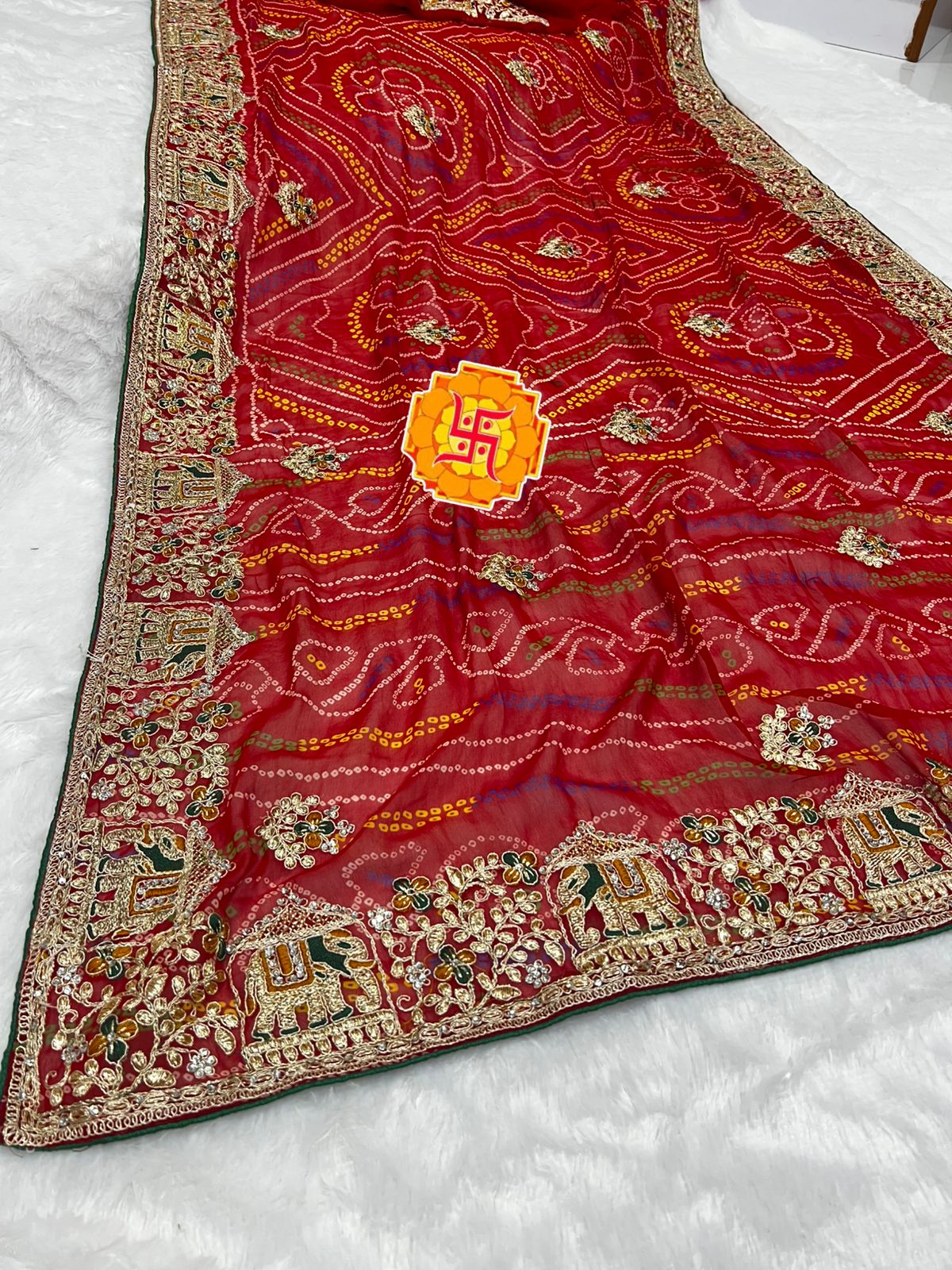 Heavy Georgette Bandhej Saree with Diamond Thread Work & Palkhi C-Pallu Design