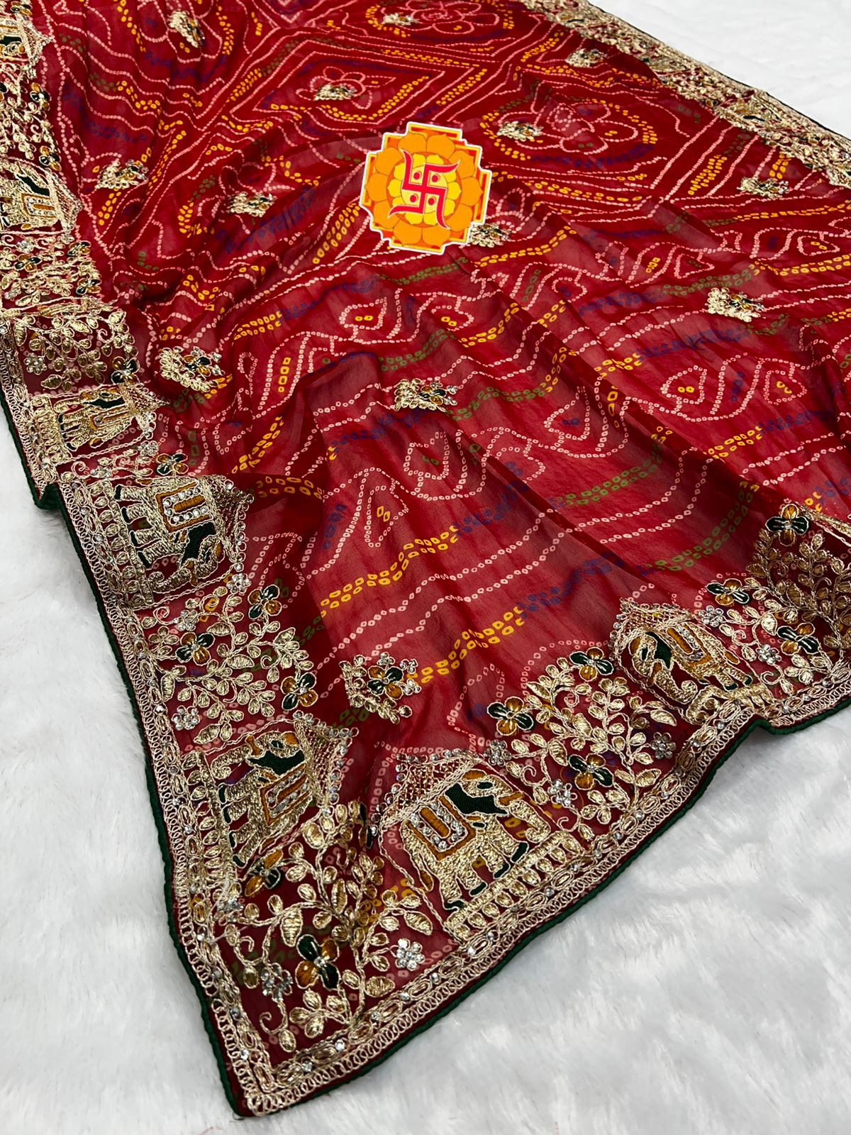 Heavy Georgette Bandhej Saree with Diamond Thread Work & Palkhi C-Pallu Design