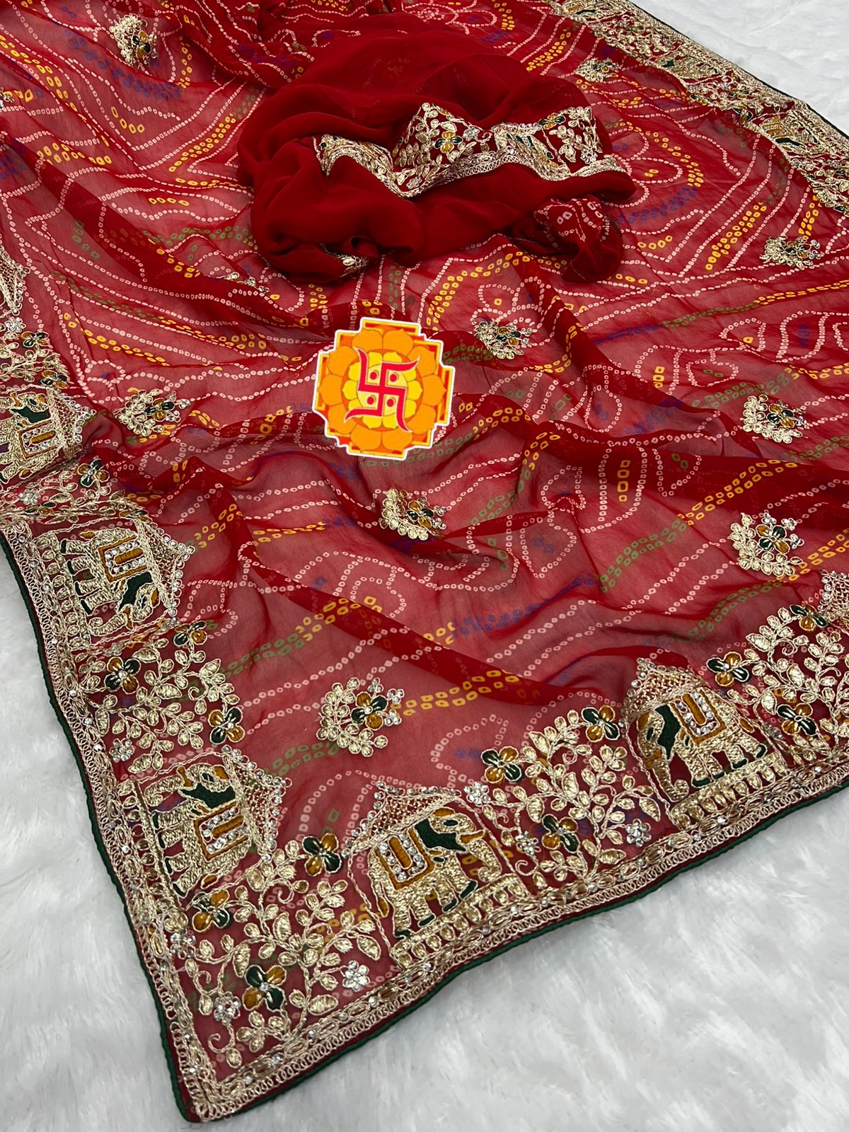 Heavy Georgette Bandhej Saree with Diamond Thread Work & Palkhi C-Pallu Design