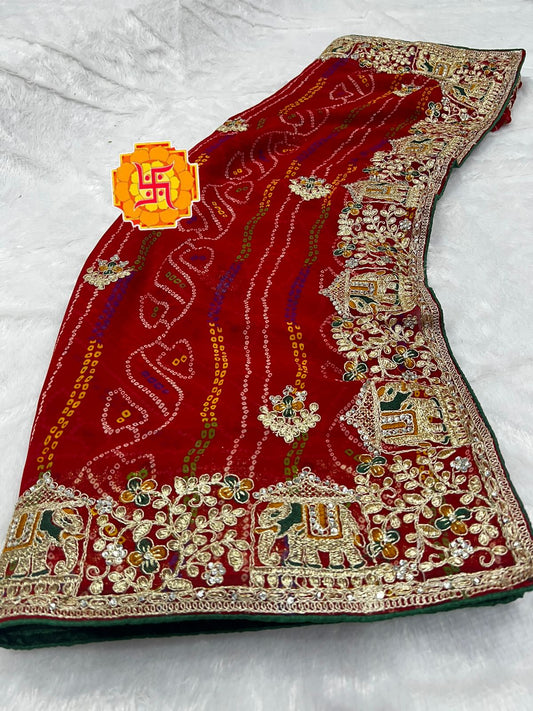 Heavy Georgette Bandhej Saree with Diamond Thread Work & Palkhi C-Pallu Design