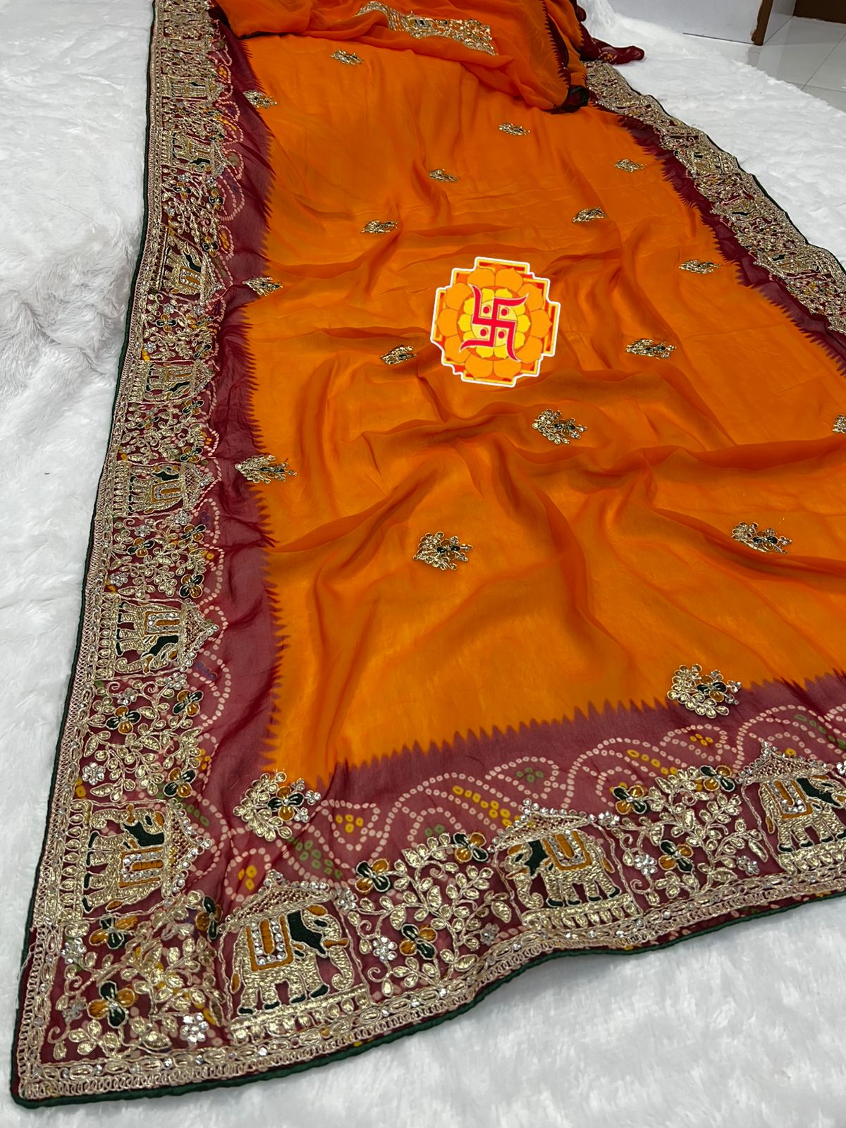 Heavy Georgette Bandhej Saree with Diamond Thread Work & Palkhi C-Pallu Design