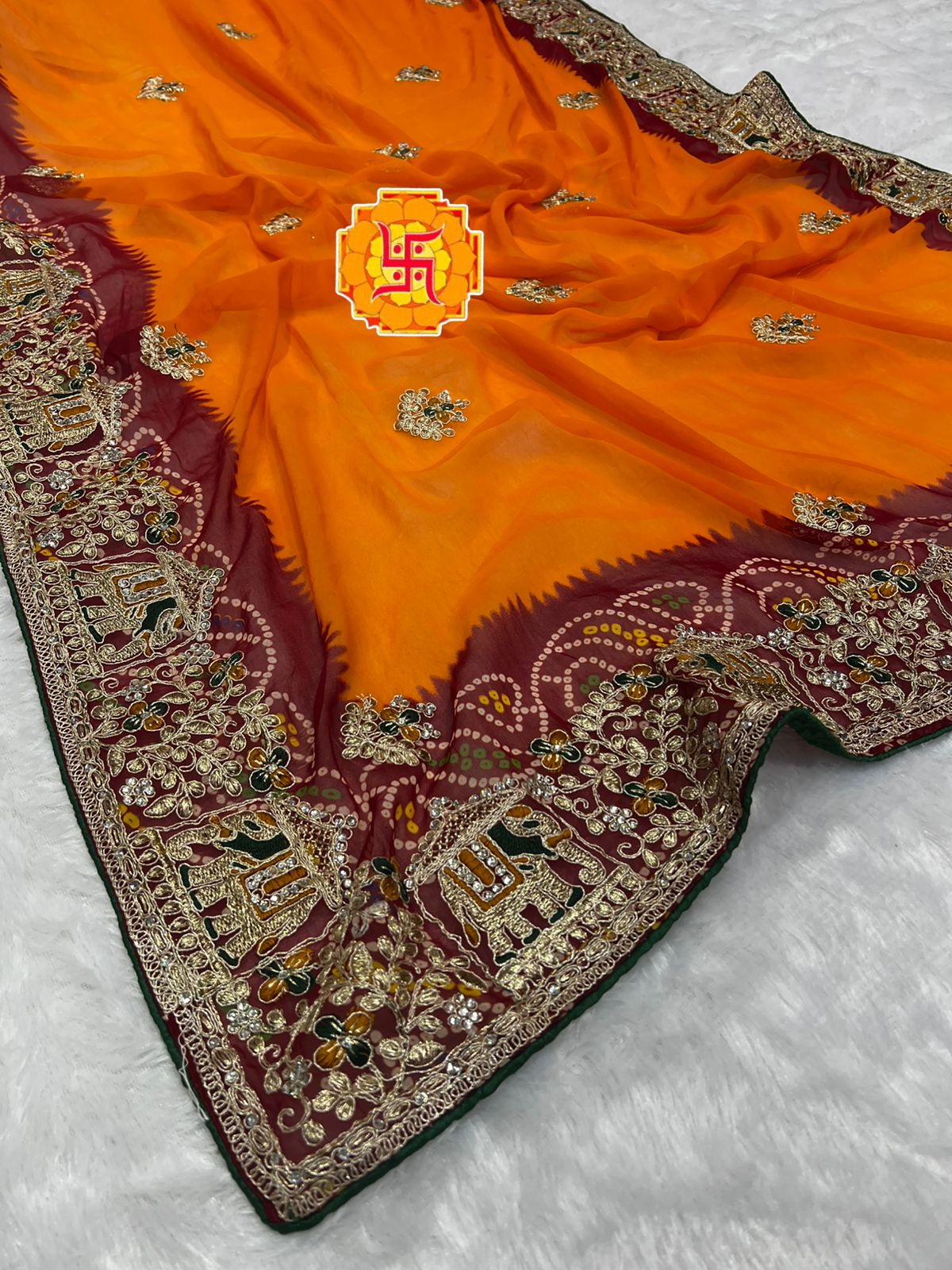 Heavy Georgette Bandhej Saree with Diamond Thread Work & Palkhi C-Pallu Design